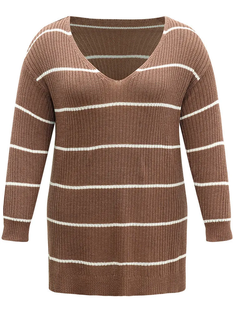 Supersoft Essentials Striped V Neck Split Hem Pullover