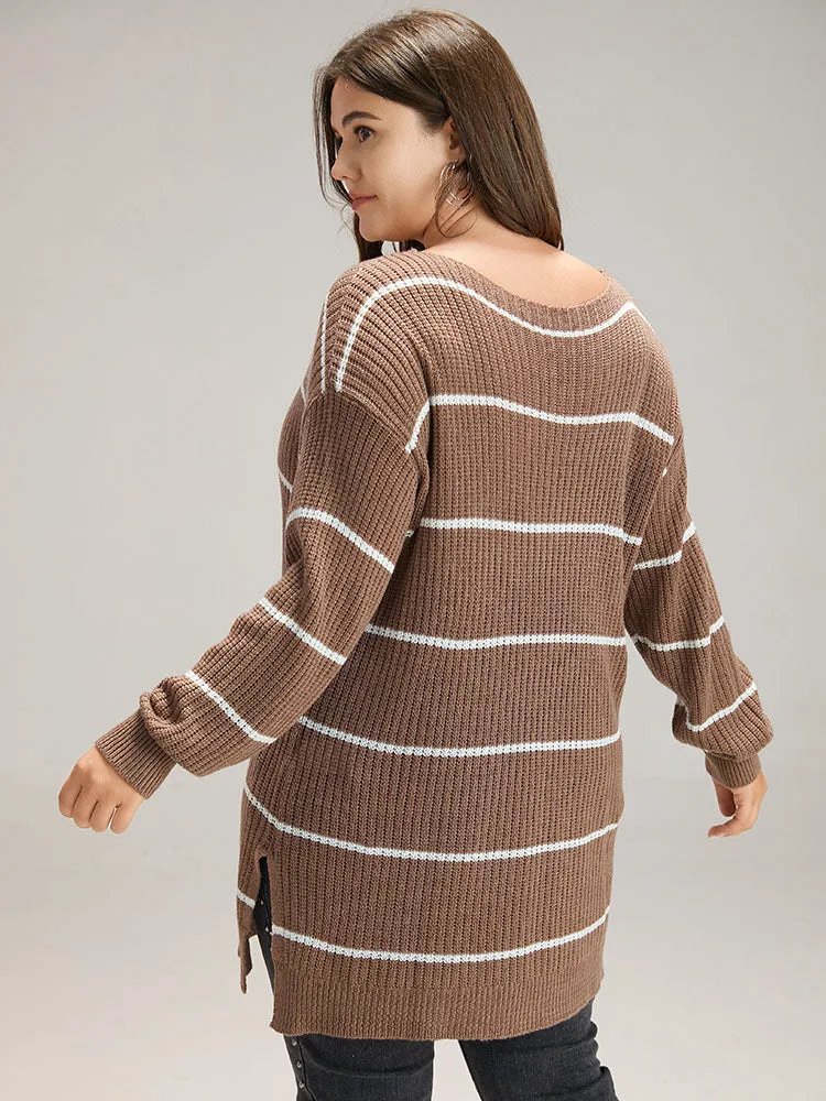 Supersoft Essentials Striped V Neck Split Hem Pullover