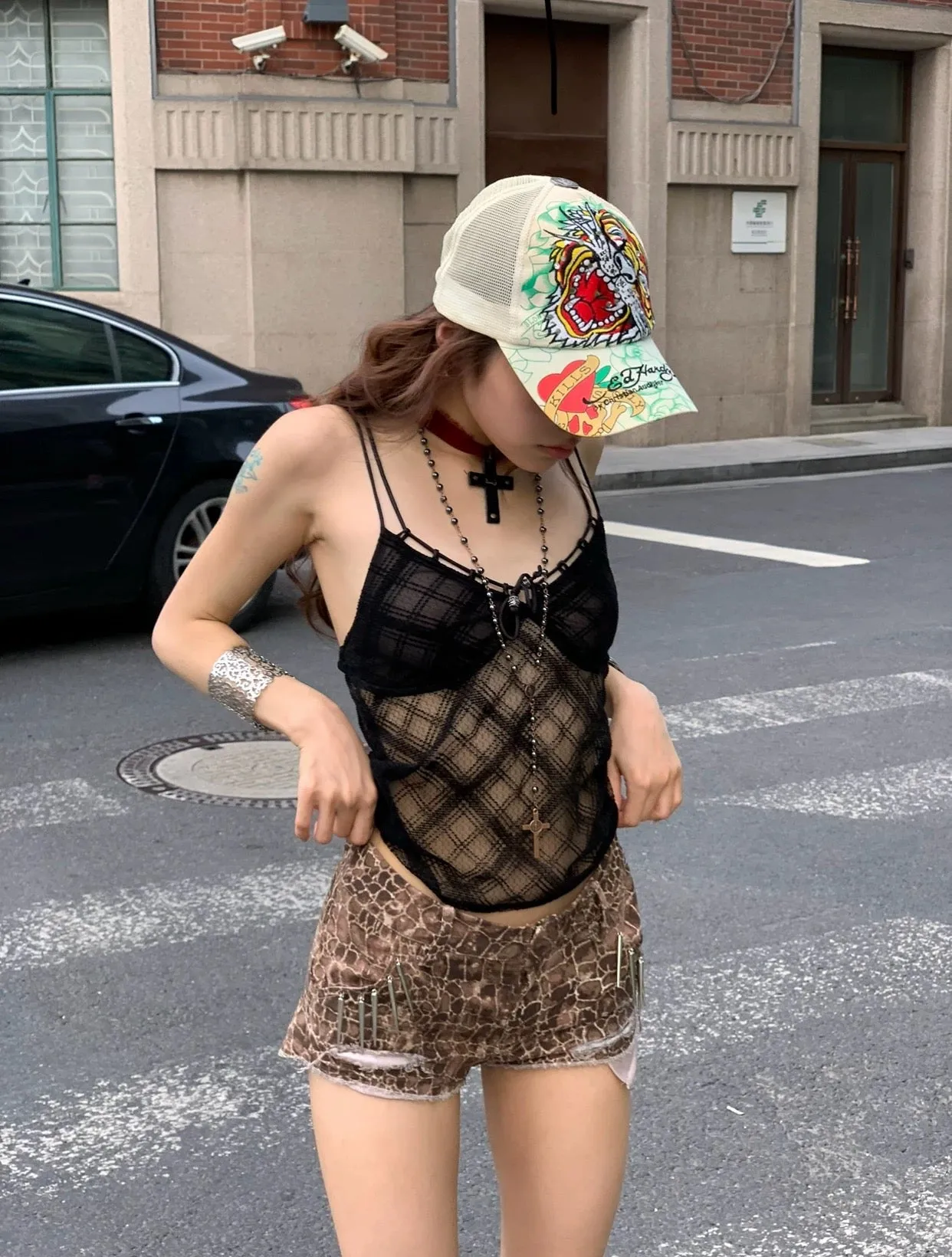 Tassel pocket super short snake print Spicy hot pants