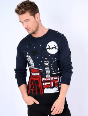 Telephone Box Novelty Christmas Jumper in Eclipse Blue / Black Twist - Season’s Greetings