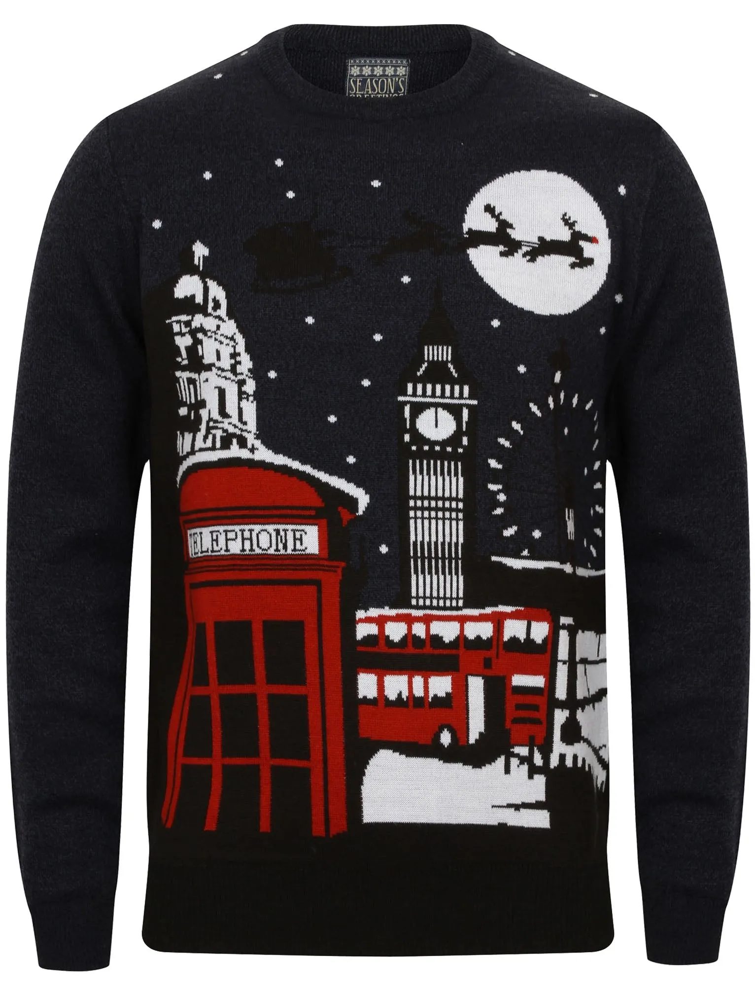 Telephone Box Novelty Christmas Jumper in Eclipse Blue / Black Twist - Season’s Greetings