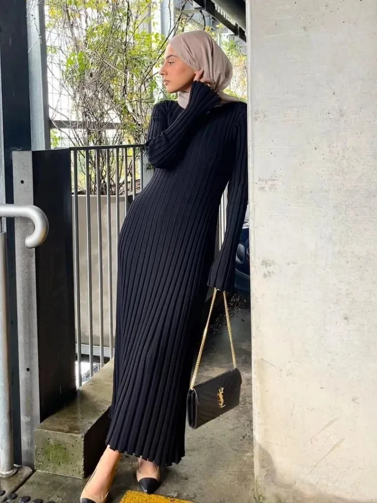 Toleet-New Elegant Knit Soft Pleated Women Dress Winter Fashion O-neck Lace-Up White Black Sweater Dress Female Chic Party Dress