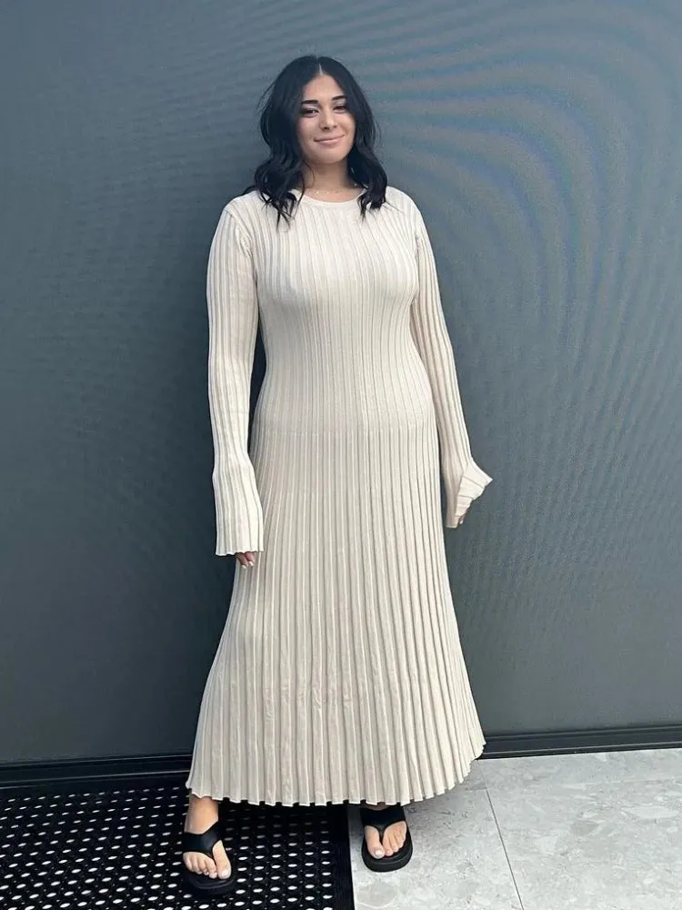 Toleet-New Elegant Knit Soft Pleated Women Dress Winter Fashion O-neck Lace-Up White Black Sweater Dress Female Chic Party Dress