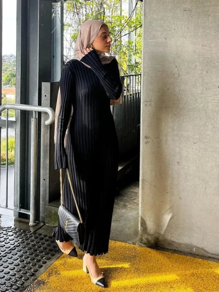 Toleet-New Elegant Knit Soft Pleated Women Dress Winter Fashion O-neck Lace-Up White Black Sweater Dress Female Chic Party Dress