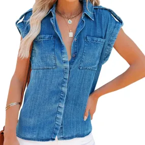 Turn Down Sleeveless Single Breasted Western Denim Women Shirt