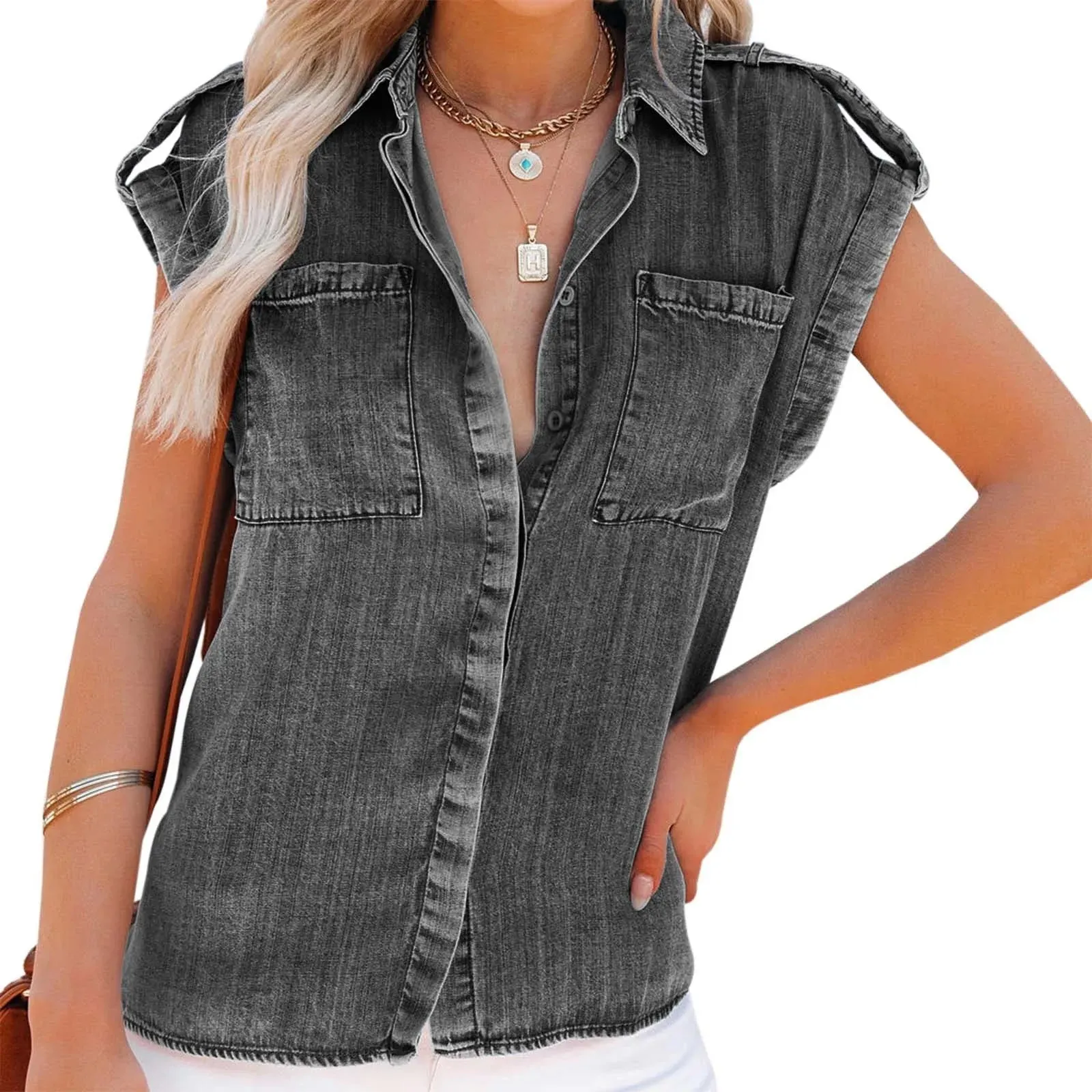 Turn Down Sleeveless Single Breasted Western Denim Women Shirt
