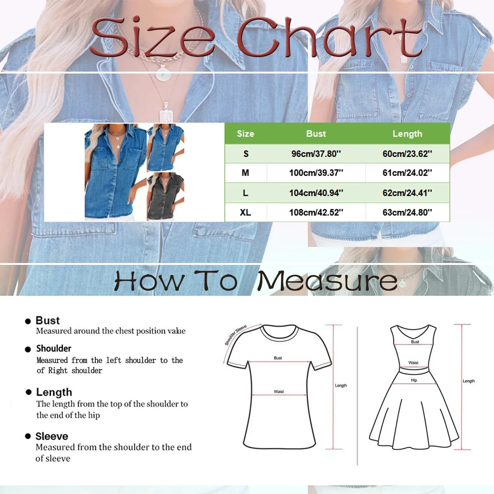 Turn Down Sleeveless Single Breasted Western Denim Women Shirt