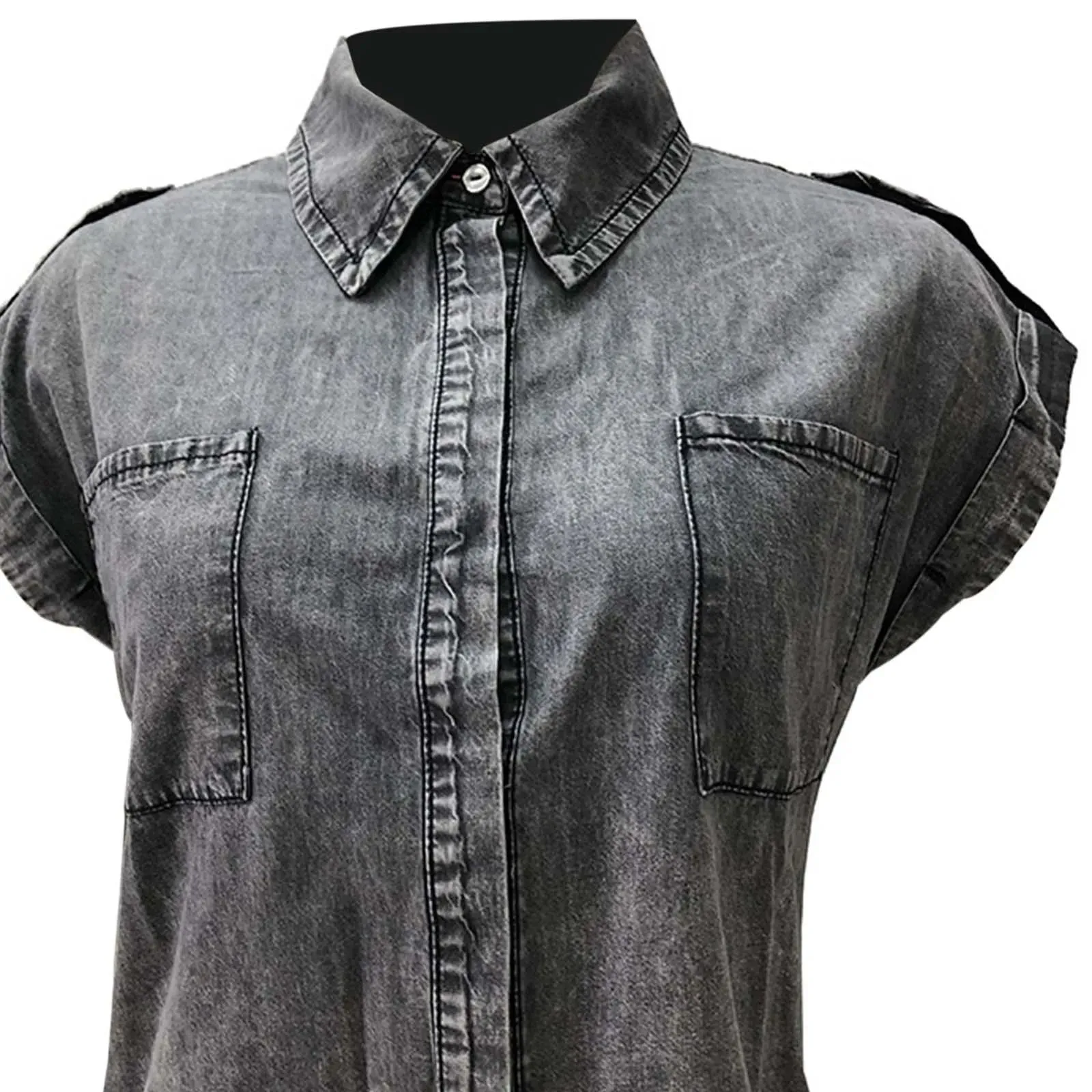 Turn Down Sleeveless Single Breasted Western Denim Women Shirt