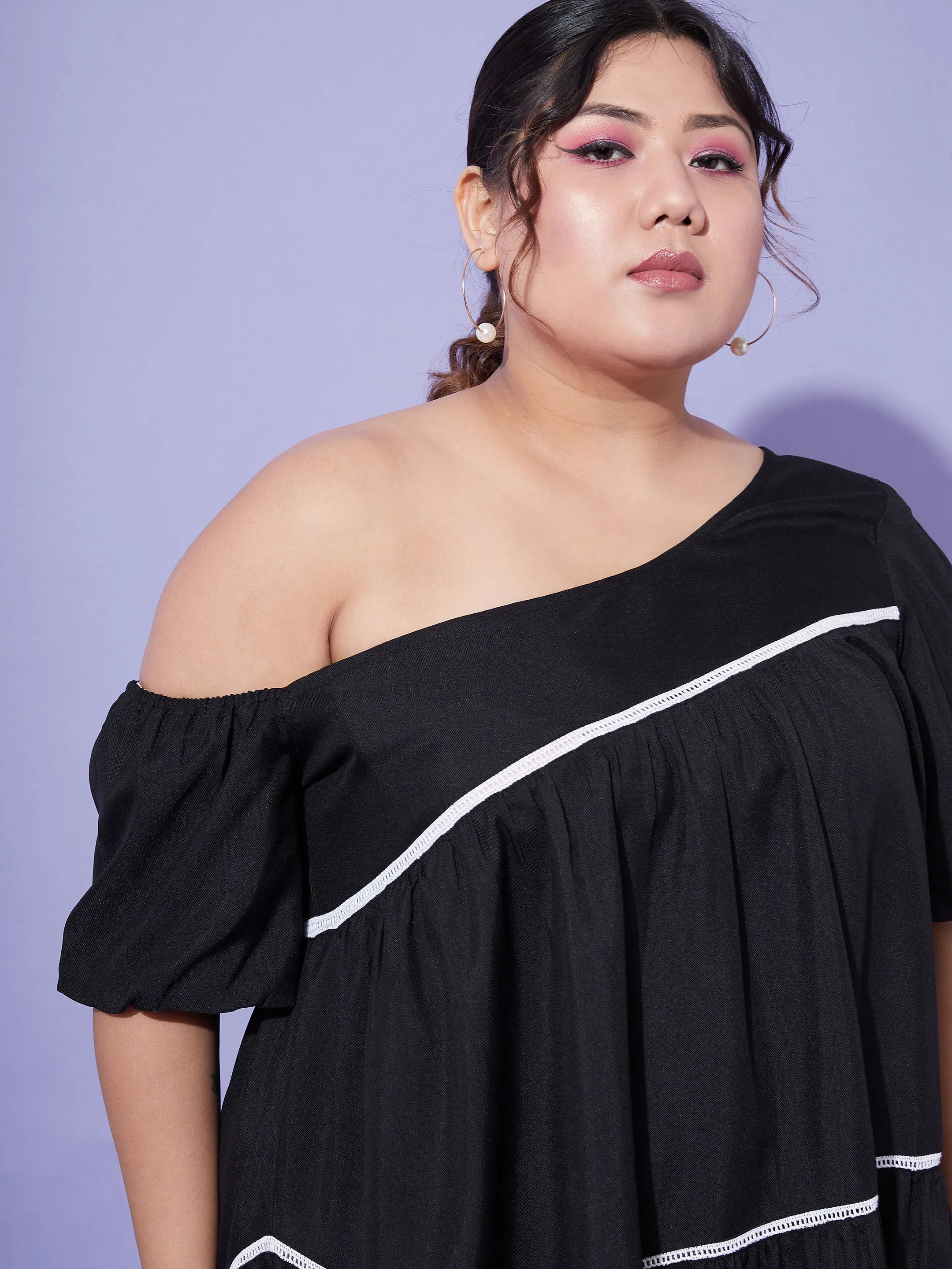 Women Black One Shoulder Loose Fit Short Dress