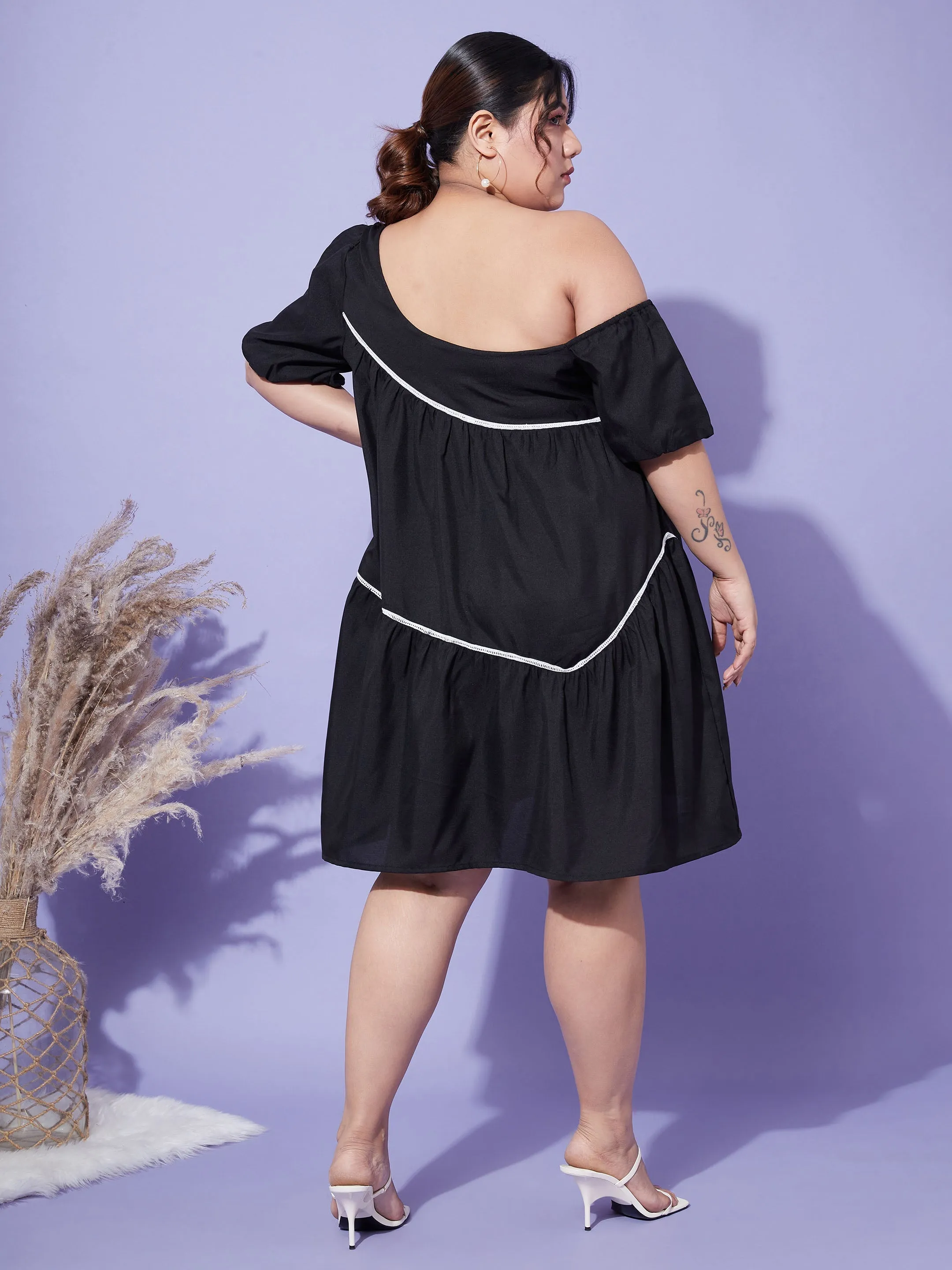 Women Black One Shoulder Loose Fit Short Dress
