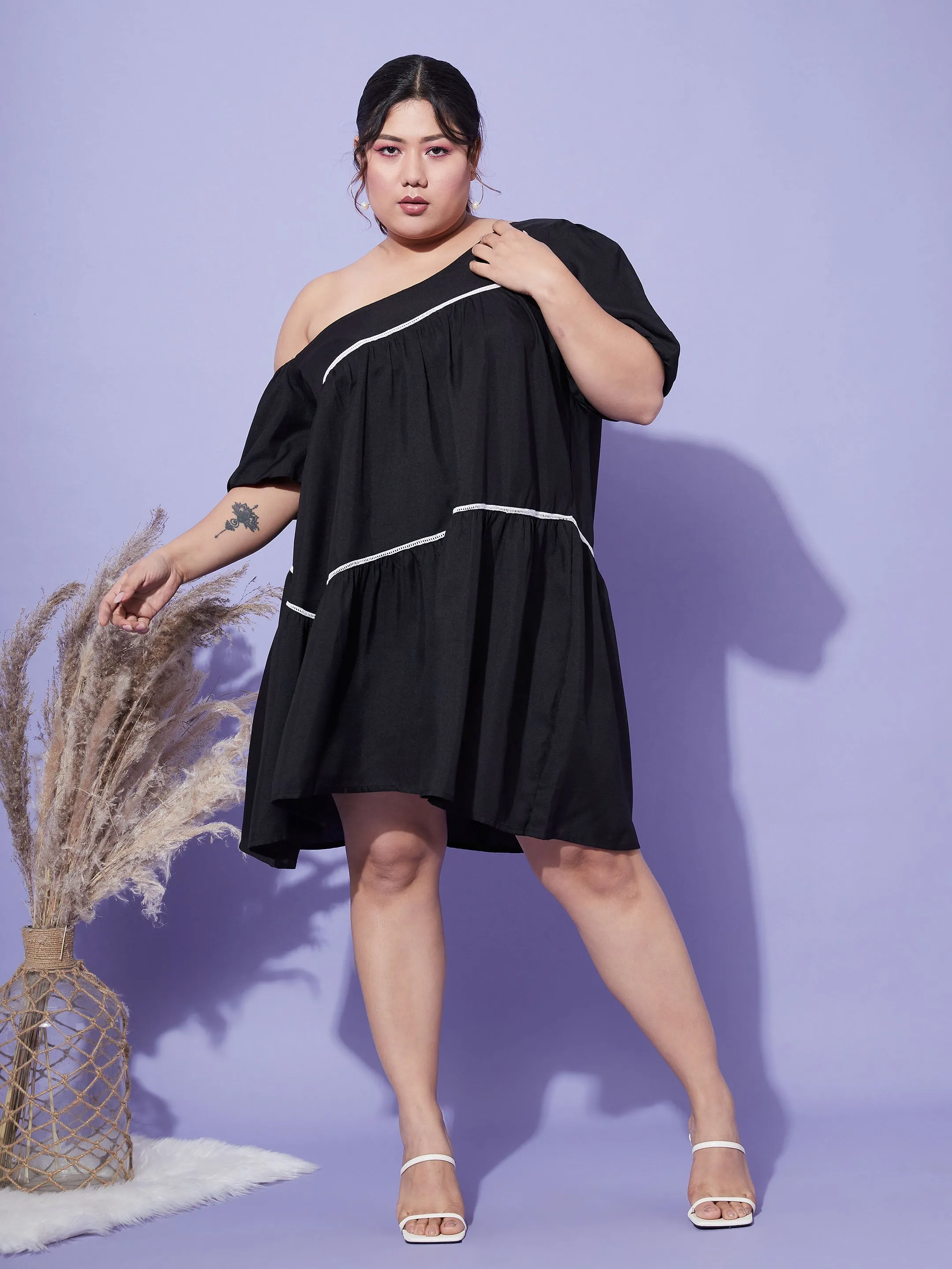Women Black One Shoulder Loose Fit Short Dress