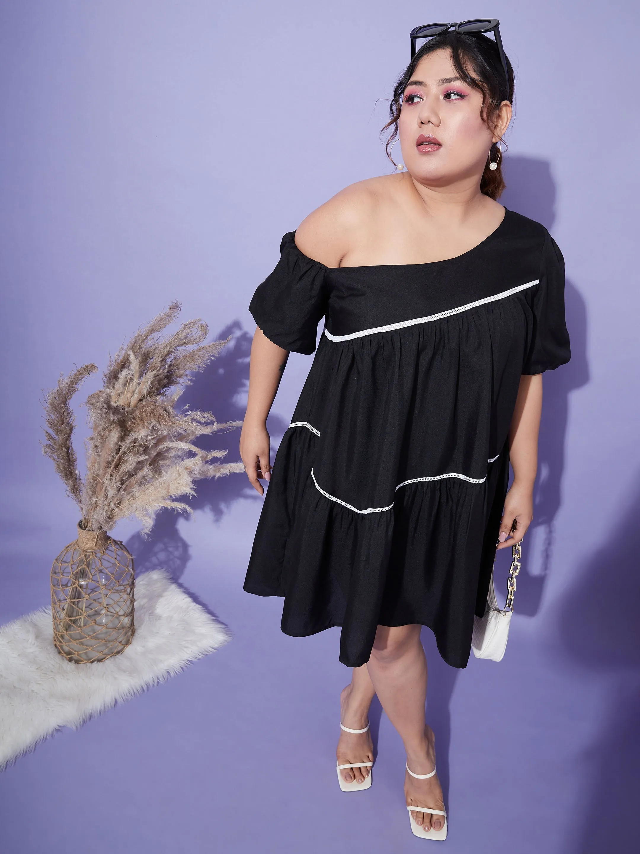 Women Black One Shoulder Loose Fit Short Dress