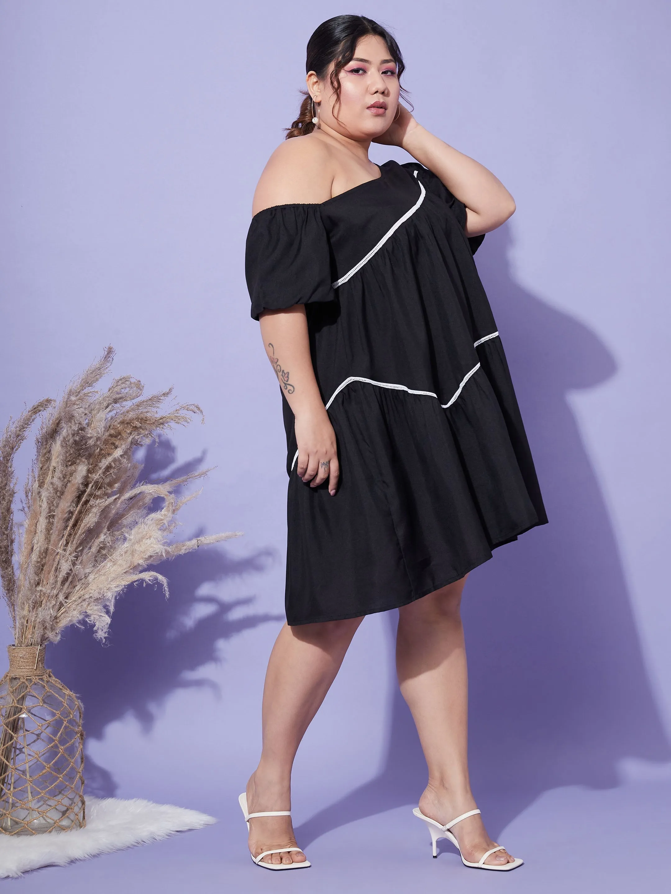Women Black One Shoulder Loose Fit Short Dress