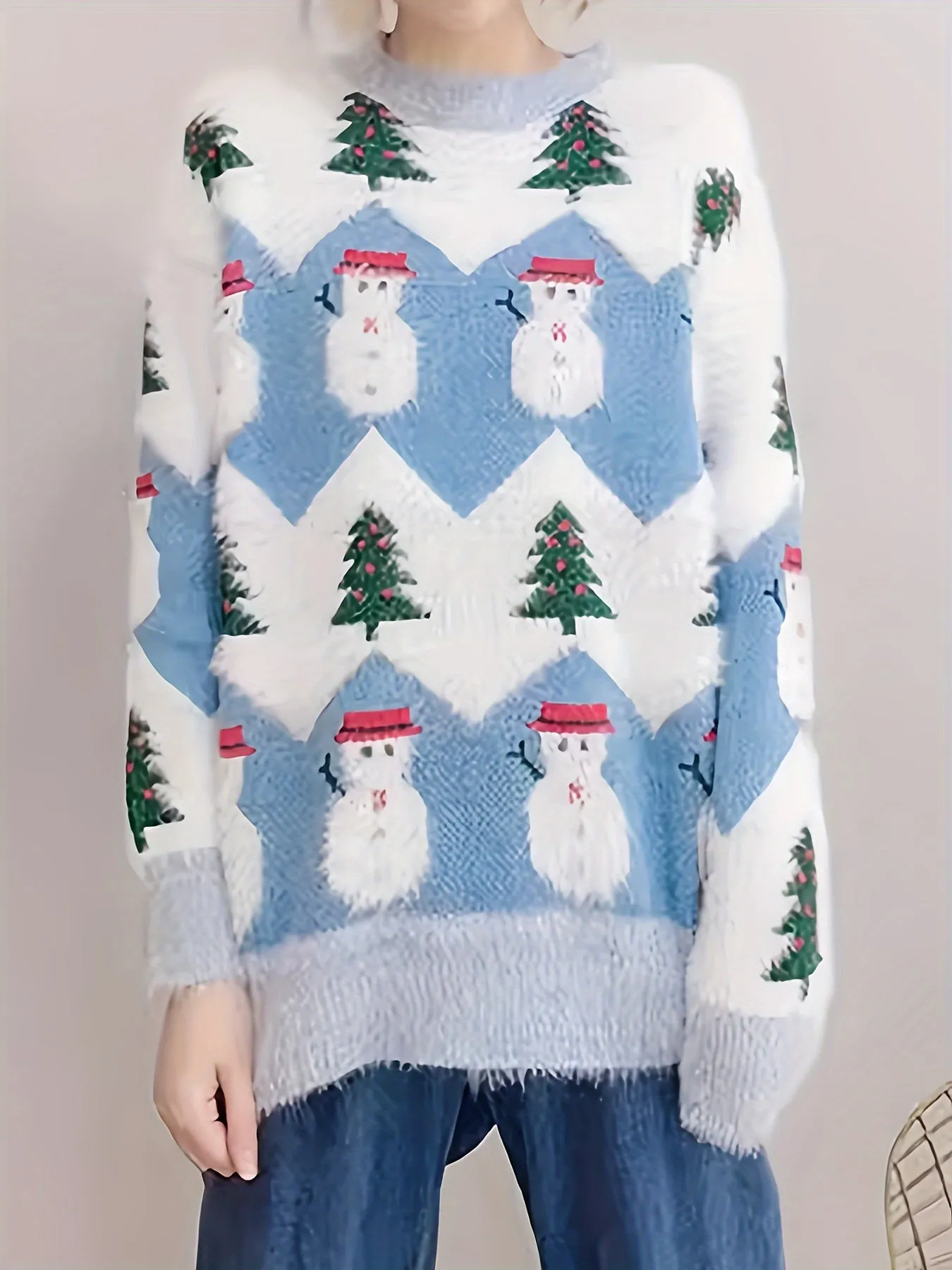 Women's Christmas Sweater, Polyester Knit Pullover, Round Neck, Festive Holiday Pattern, Autumn/Winter Fashion, Cozy Warm Sweatshirt for Ladies