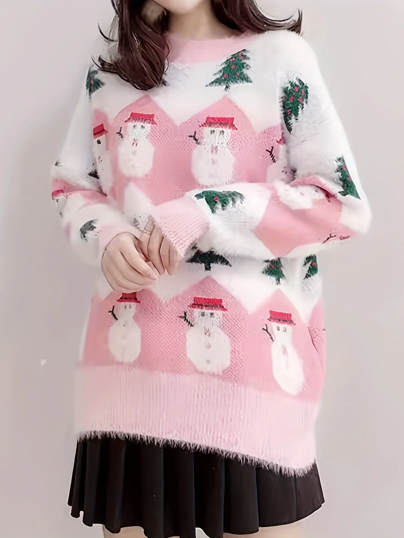 Women's Christmas Sweater, Polyester Knit Pullover, Round Neck, Festive Holiday Pattern, Autumn/Winter Fashion, Cozy Warm Sweatshirt for Ladies